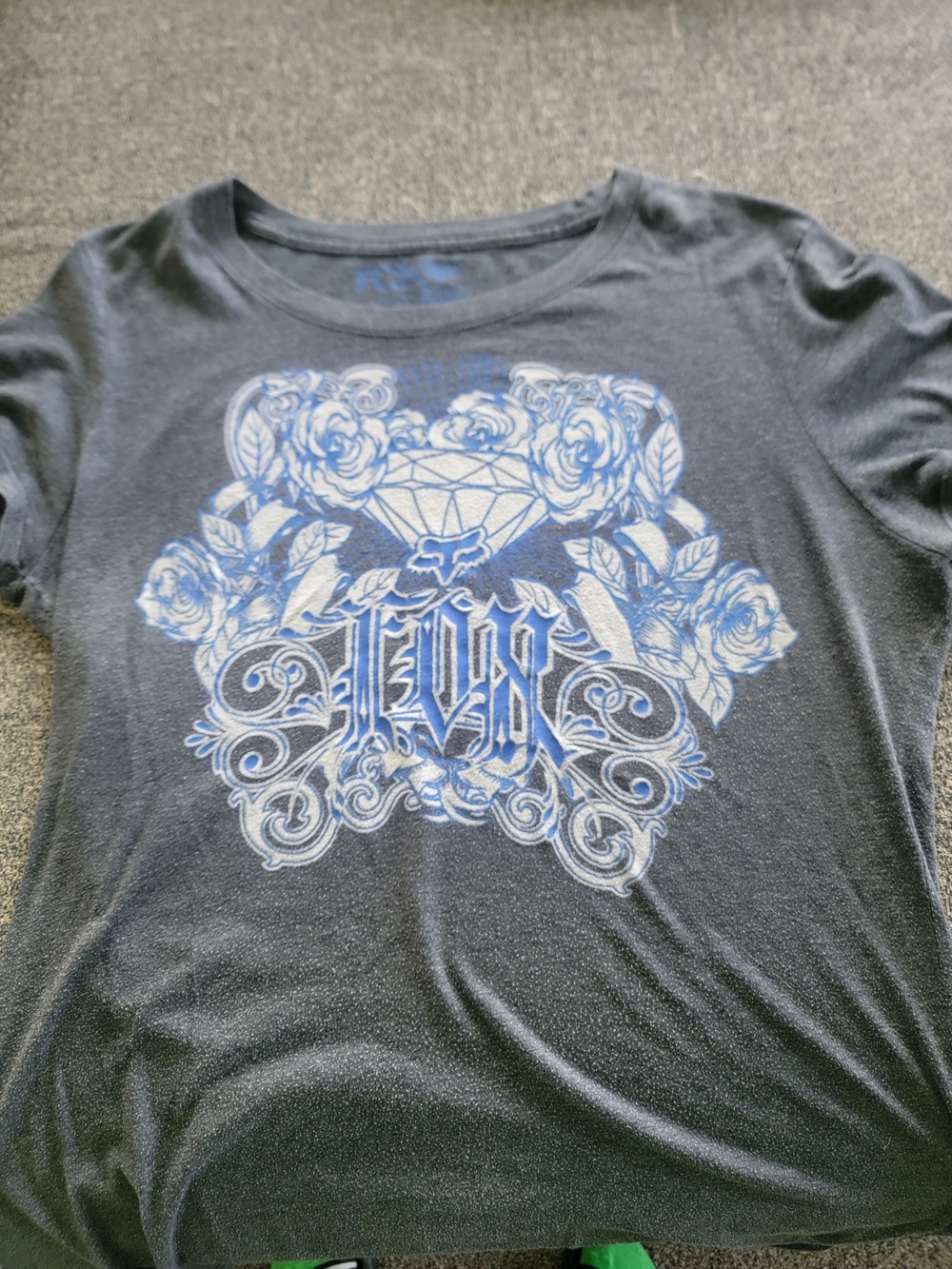 Grey FOX Tee with Blue Ornate Floral Diamond Graphic